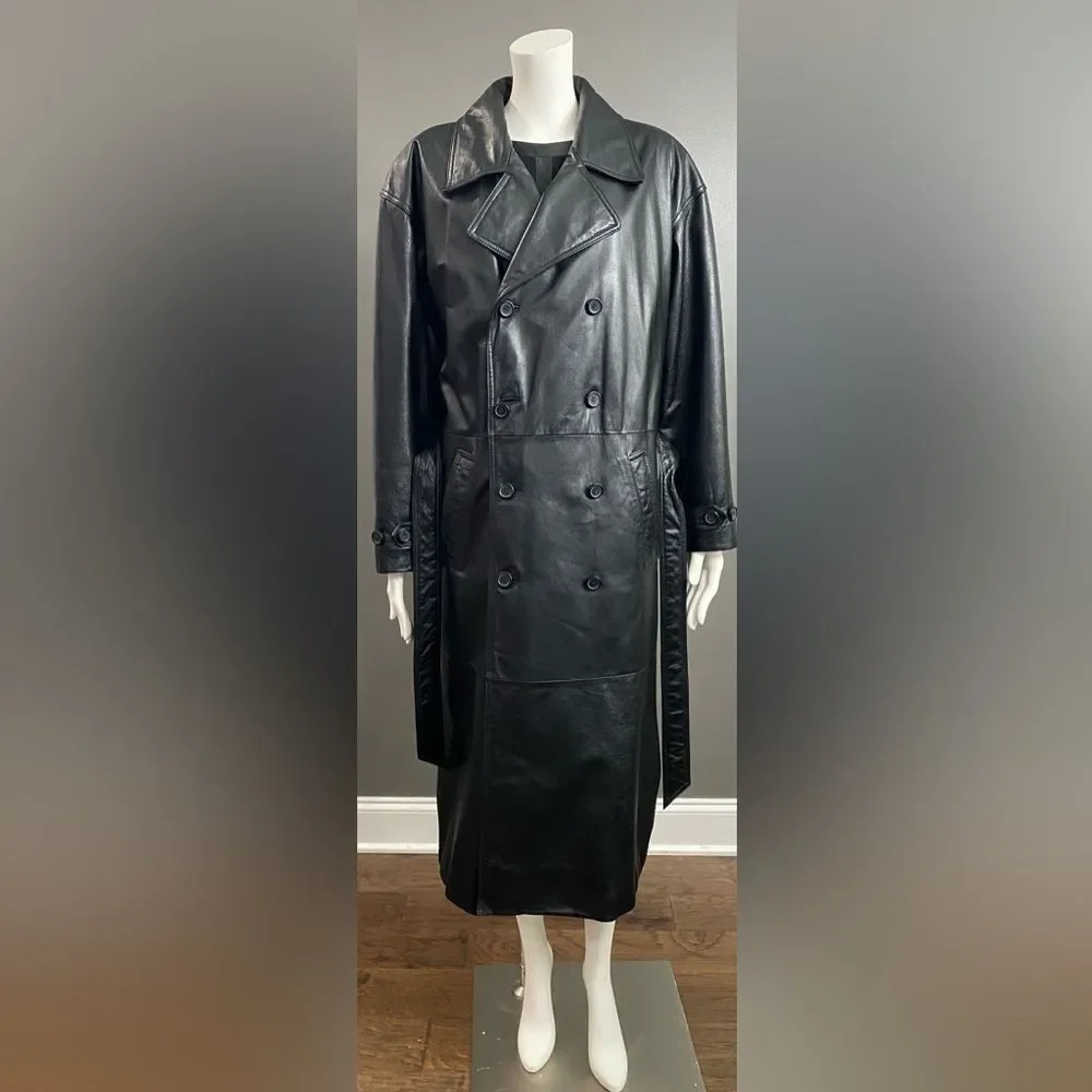 Wilson’s Blk Leather Double Breasted Belted Button Up Full Length Trench Coat M - Picture 8 of 14